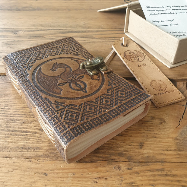 Kaida - A6, A5 or A4 Handmade Leather Journal - Celtic Dragon Design - Soft Leather Notepad