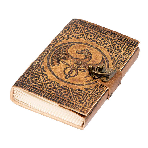 A6 pocket sized tan leather journal with metal clasp, embossed with dragon