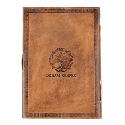 Rear of Sorcha brown leather notebook, embossed with Tree of Life