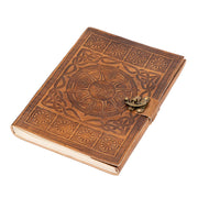 A4 tan leather sketchbook with metal clasp, embossed with Celtic sun