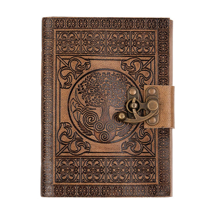 A5 handmade leather journal. Antique Tree of Life design with plain paper 18cm x 13cm