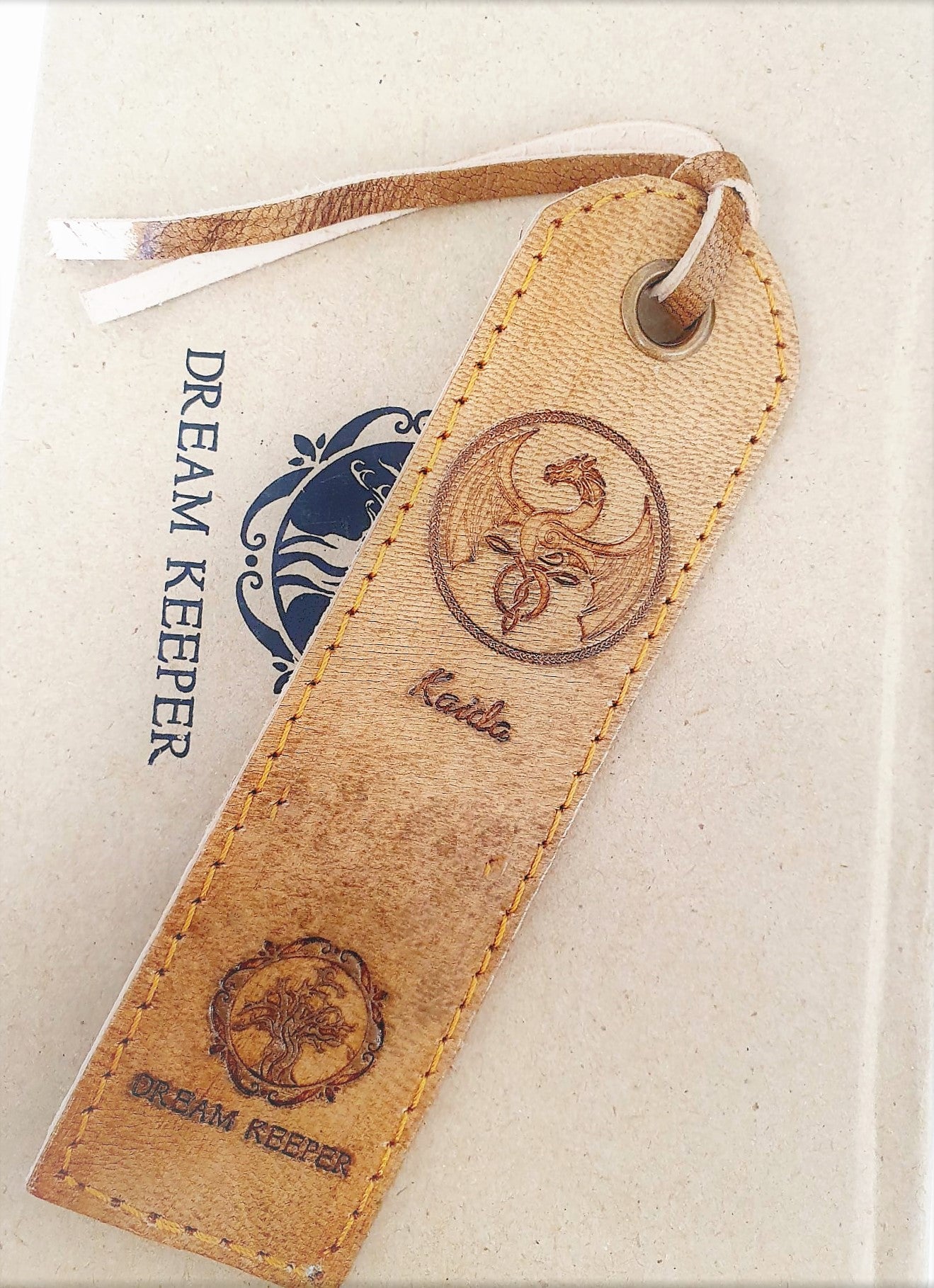 Pair of Handmade Leather Bookmarks with DreamKeeper Dragon Design - Kaida