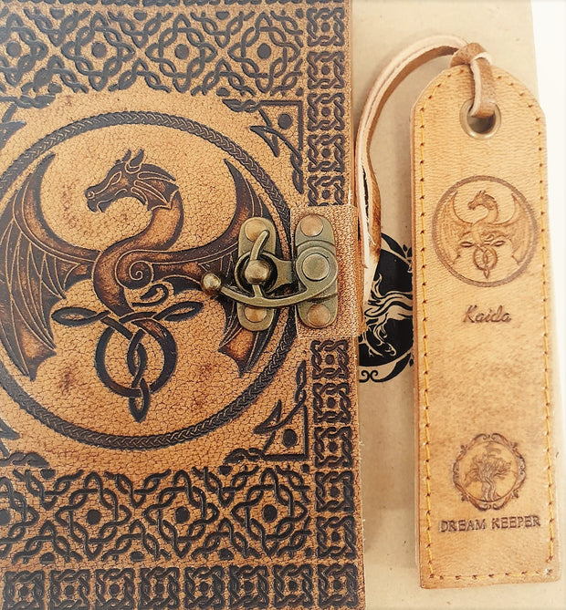Pair of Handmade Leather Bookmarks with DreamKeeper Dragon Design - Kaida