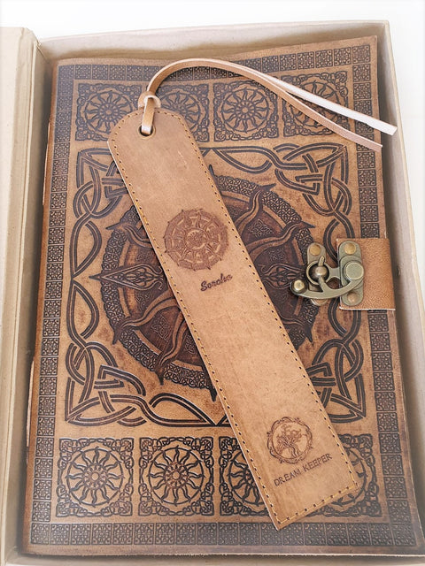 Pair of Handmade Leather Bookmarks with DreamKeeper Sun Design - Sorcha